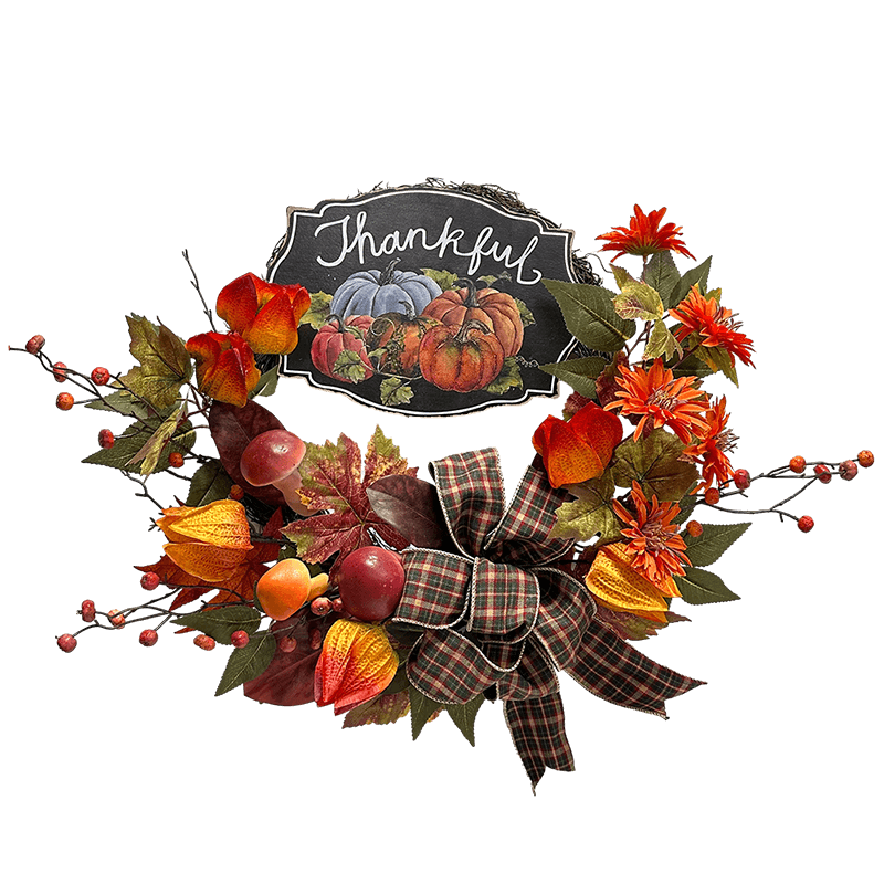 Senmasine – couronne de Thanksgiving d'automne de 24 pouces, avec signe de remerciement, fleurs artificielles en forme de champignons, nœuds, baies de récolte d'automne