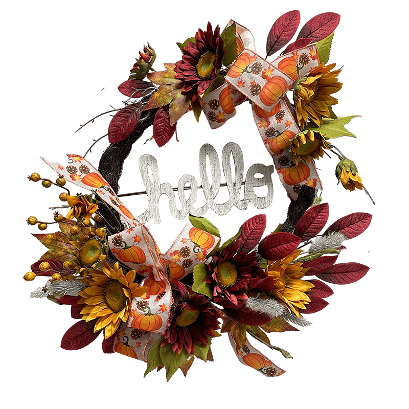 Senmasine Corona de cosecha de otoño de Acción de Gracias de 24 pulgadas con letrero de Hola, hojas de cosecha de otoño, lazo con patrón de calabaza y girasol
