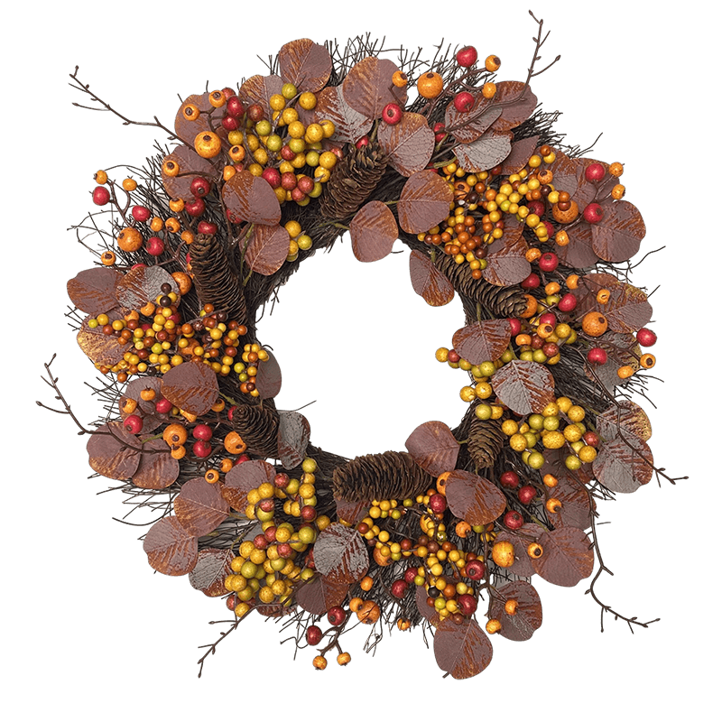 Senmasine-corona de otoño de eucalipto Artificial, 22 pulgadas, con bayas rojas, piña, decoración colgante para cosecha de otoño