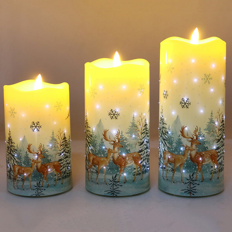 Senmasine Juego de velas LED sin llama con estampado de flores y patrón de ciervos