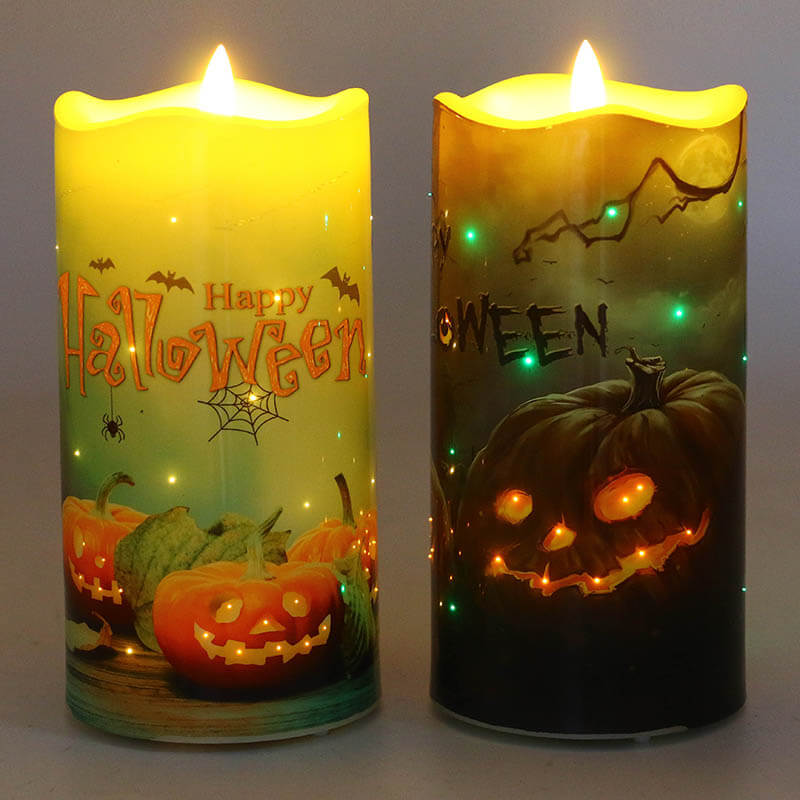 Flammenlose LED-Kerze von Senmasine mit Halloween-Kürbismuster