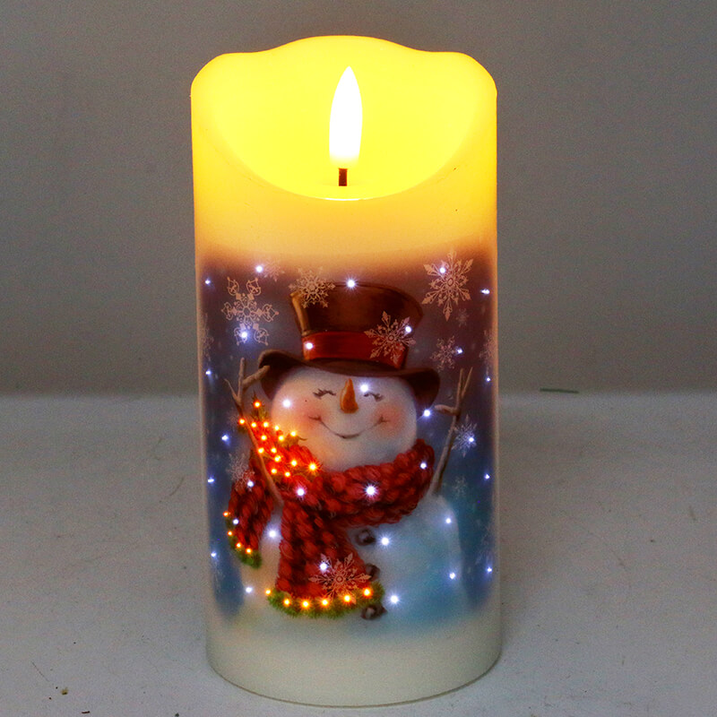Senmasine 7,5*15 cm Wachsfaseroptik Flackernde Kerzen Drucken Weihnachtsbaum Schneemann Muster Flammenlose Led Weihnachtskerze