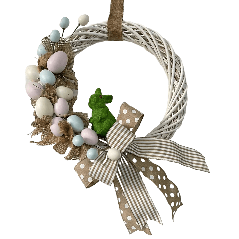 Corona de Pascua Senmasine de 24 pulgadas para puerta de entrada, cinta de lino con huevos mezclados, decoración colgante de conejo flocado