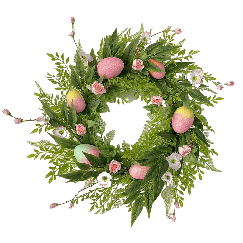 Senmasine 22inch 24inch Artificial Easter Wreath With Colorful Eggs Rabbit Flowers Green Leaves Decoration