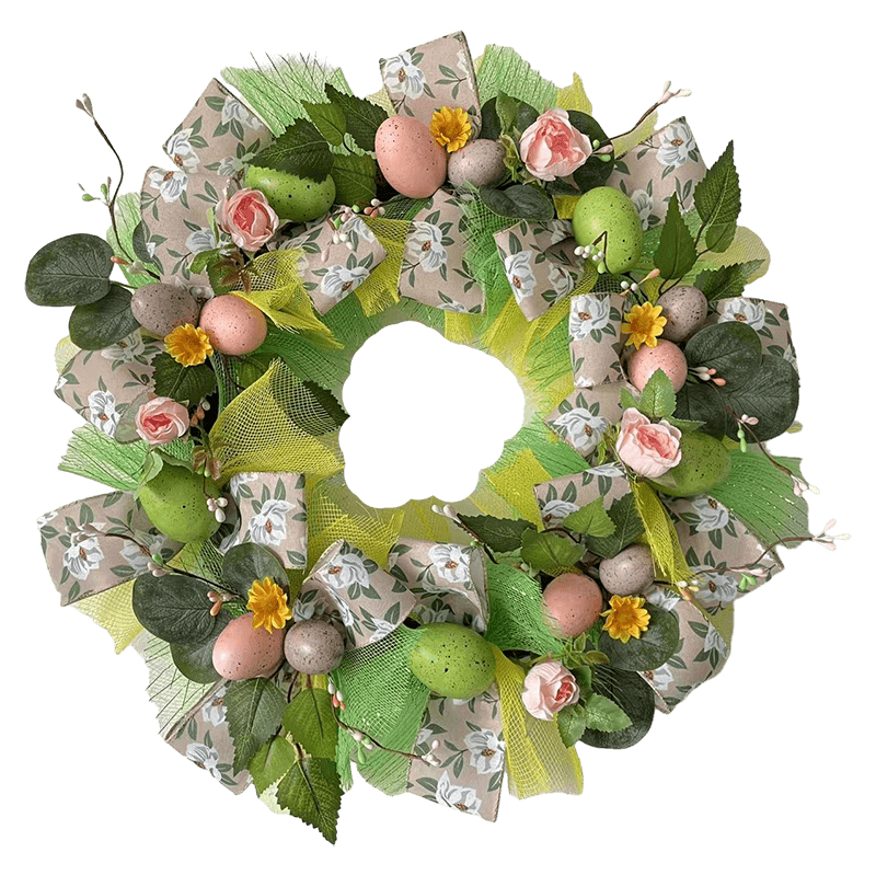 Senmasine Uovo di Pasqua Decorazione ghirlanda per porta con fiocchi di nastro Fiori artificiali Foglie Coniglio pasquale
