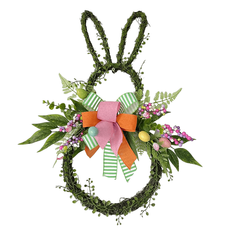 Senmasine Corona di coniglietto pasquale con uova di coniglio Nastro colorato fiocchi Fiori artificiali Decorazione di foglie
