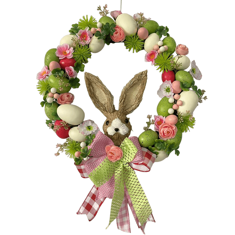 إكليل عيد الفصح من سنماسين مع إكليل من الزهور البلاستيكية على شكل بيضة أرنب صناعية معلقة
