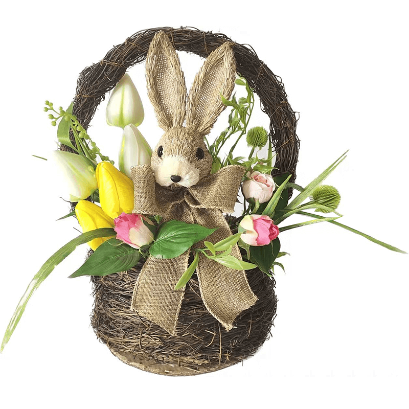 زينة عيد الفصح من سينماسين مع أقواس مختلطة على شكل أرنب أرنب وبيضة بلاستيكية وأوراق اصطناعية وسلة ونباتات