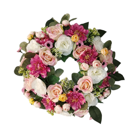 Corona de flores de primavera Senmasine, flores artificiales, peonía rosa, hojas verdes mixtas, lazos de cinta, decoración colgante para puerta delantera