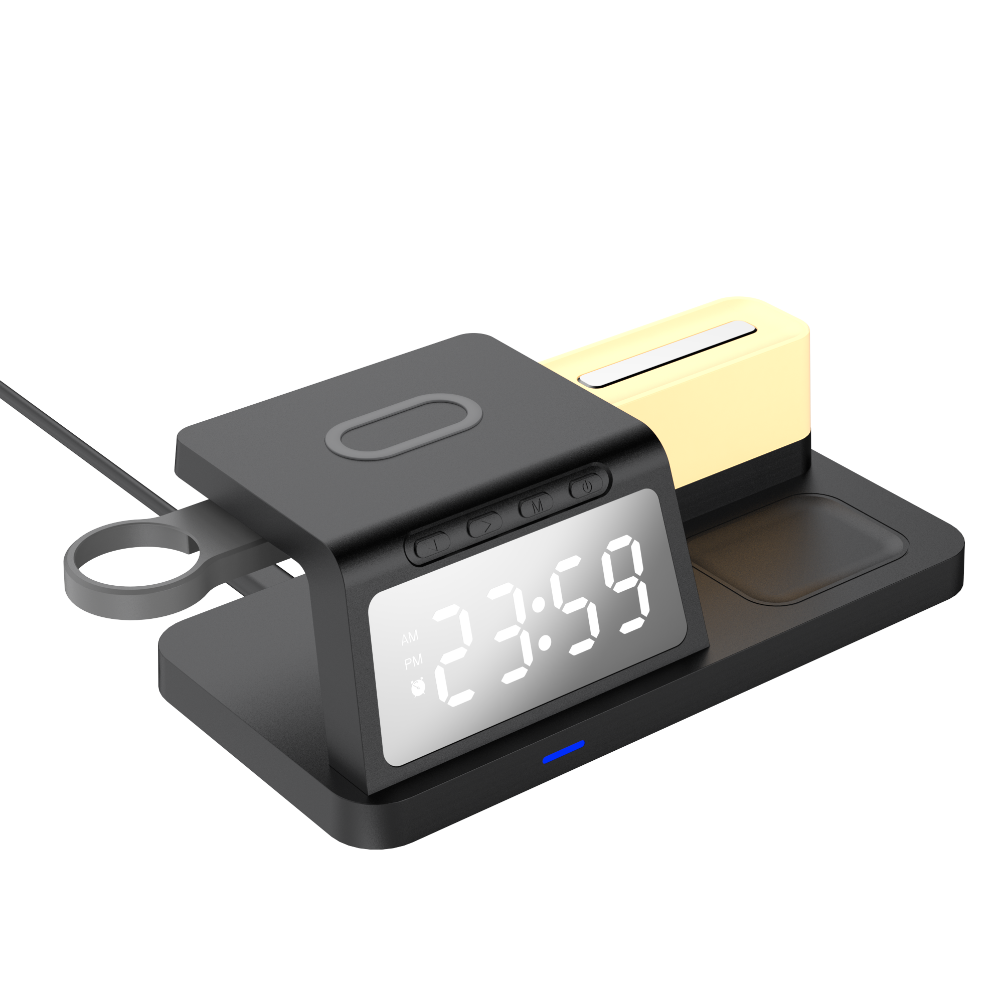 Stazione sveglia multifunzione con ricarica wireless da 15 W a prezzo competitivo con luce LED a 7 colori e porta USB aggiuntiva per la ricarica di Apple Watch (MH-D70)