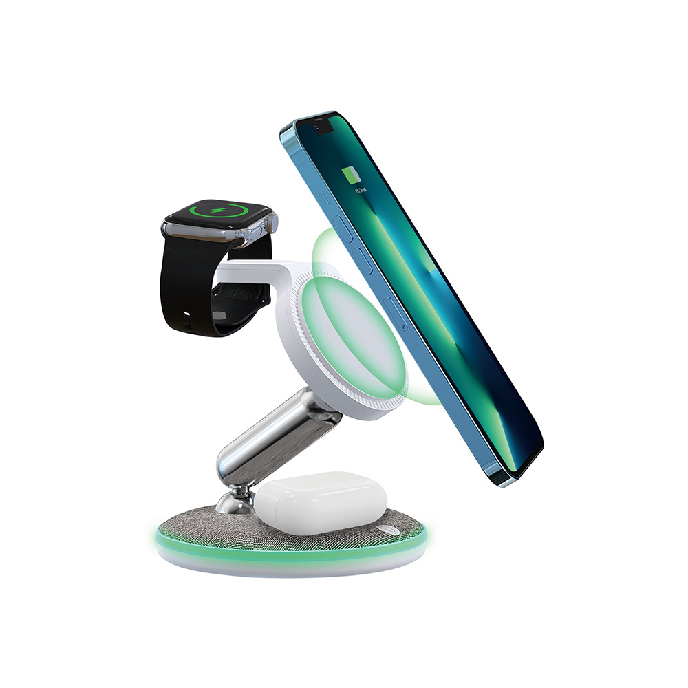 Stazione di ricarica wireless magnetica a prezzo competitivo e caricabatterie MagSafe pieghevole da 15 W con lampada notturna e superficie in PU personalizzata (MH-Q490)