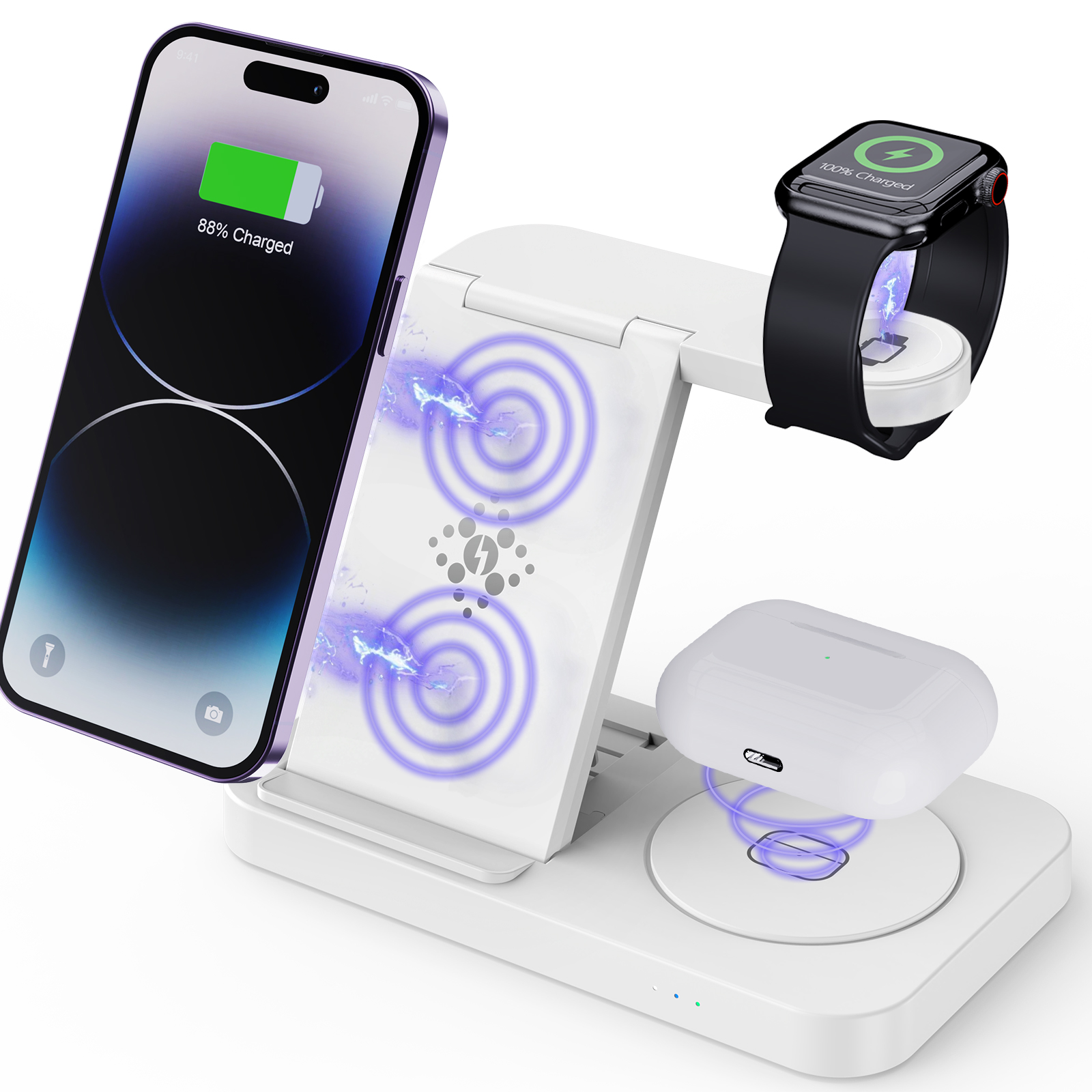 新技术可折叠快速无线充电器，适用于 iWatch 或 Galaxy Watch 和 AirPods 或 Galaxy Buds 以及所有 Qi 兼容手机 (MH-Q400)