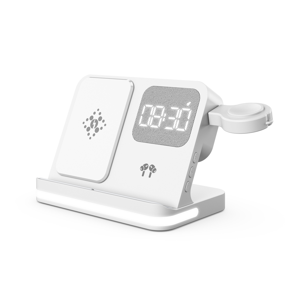 Sveglia di ricarica wireless personalizzabile 5 in 1 da 15 W con luce notturna touch e modulo USB rimovibile per Apple Watch e Samsung Galaxy Watch (MH-Q460)