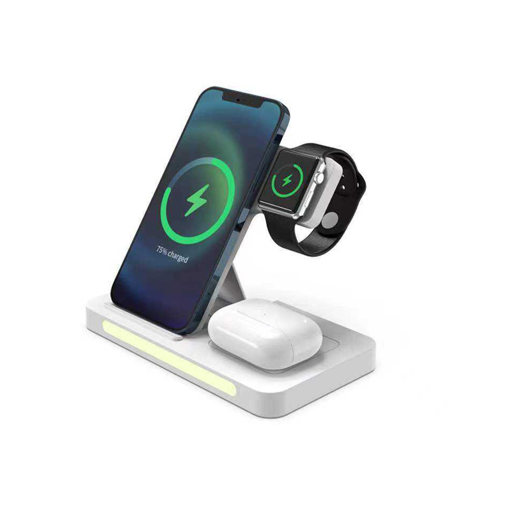 Supporto per caricabatterie wireless veloce pieghevole 4 in 1 a prezzo di fabbrica con luce notturna touch control per iPhone Apple Watch e ricarica AirPods (MH-Q300)