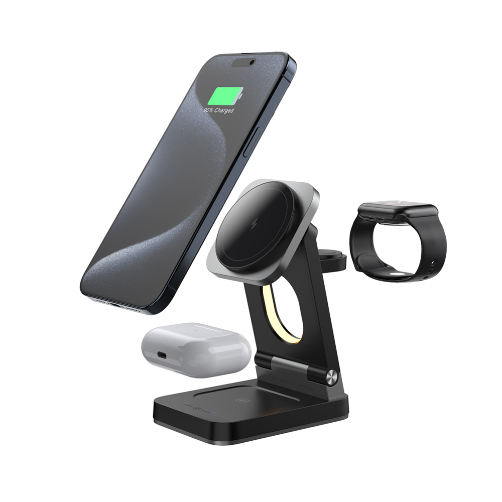 Stazione di ricarica wireless MagSafe pieghevole in lega di alluminio con luce notturna touch e indicatore di ricarica LED per Apple Watch AirPods e iPhone (MH-Q510)