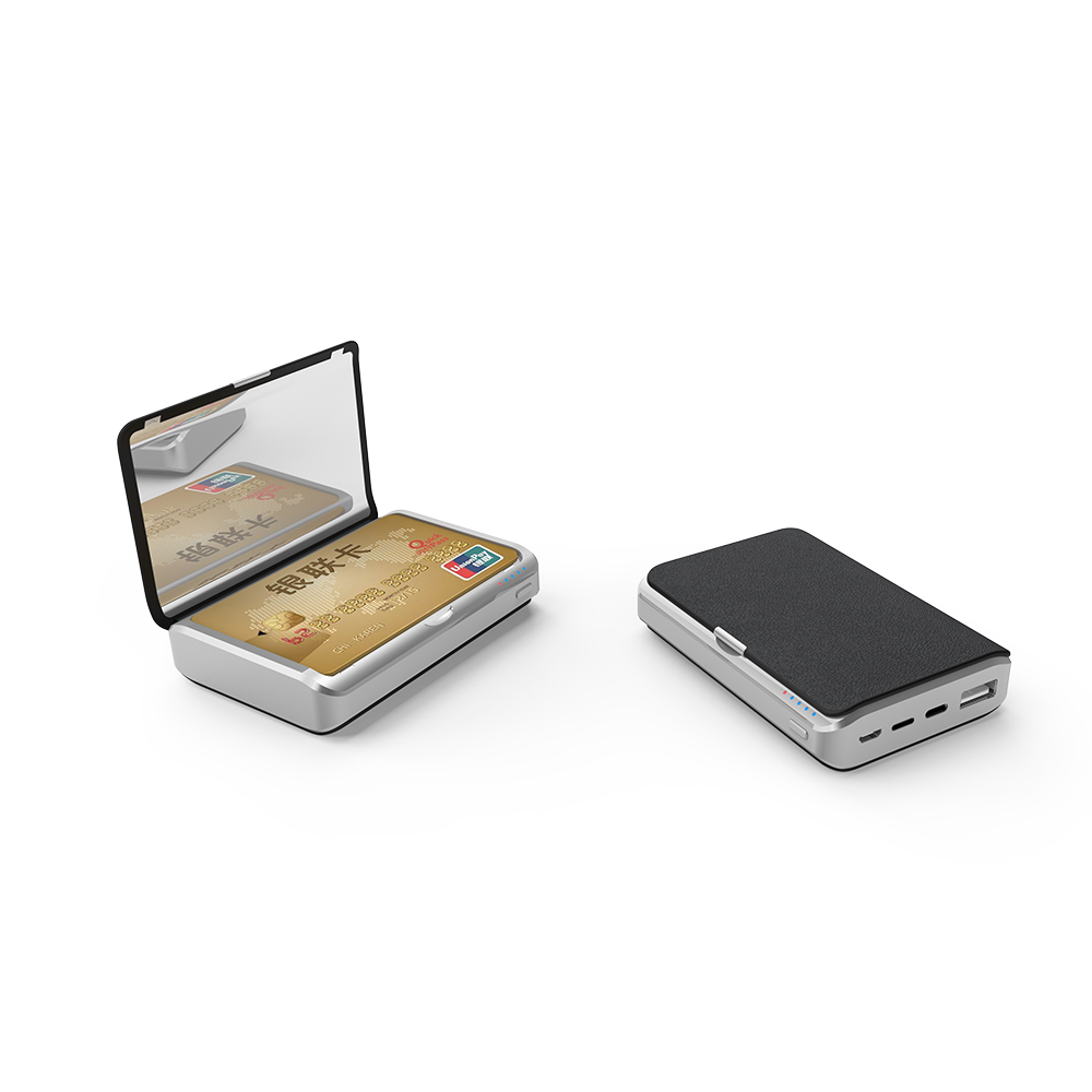 Power bank per caricabatterie wireless a portafoglio da 5000 mAh con specchio personalizzabile e scatola per carte di credito per ritocchi di bellezza da viaggio (MH-P48)