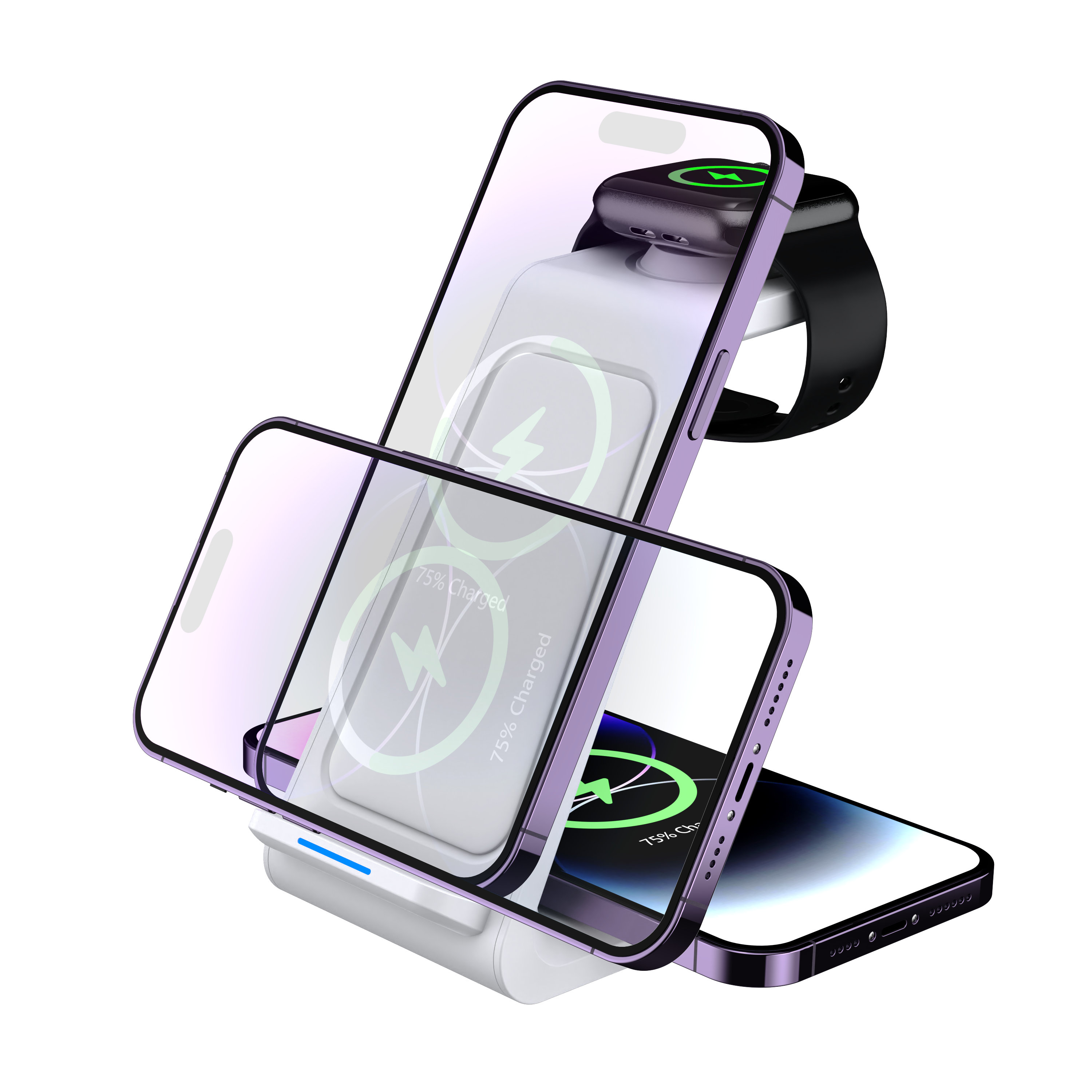 Supporto per stazione di ricarica wireless 3 in 1 dal prezzo più basso con doppia bobina per la ricarica verticale o orizzontale di iPhone, AirPods e iWatch (MH-Q430)