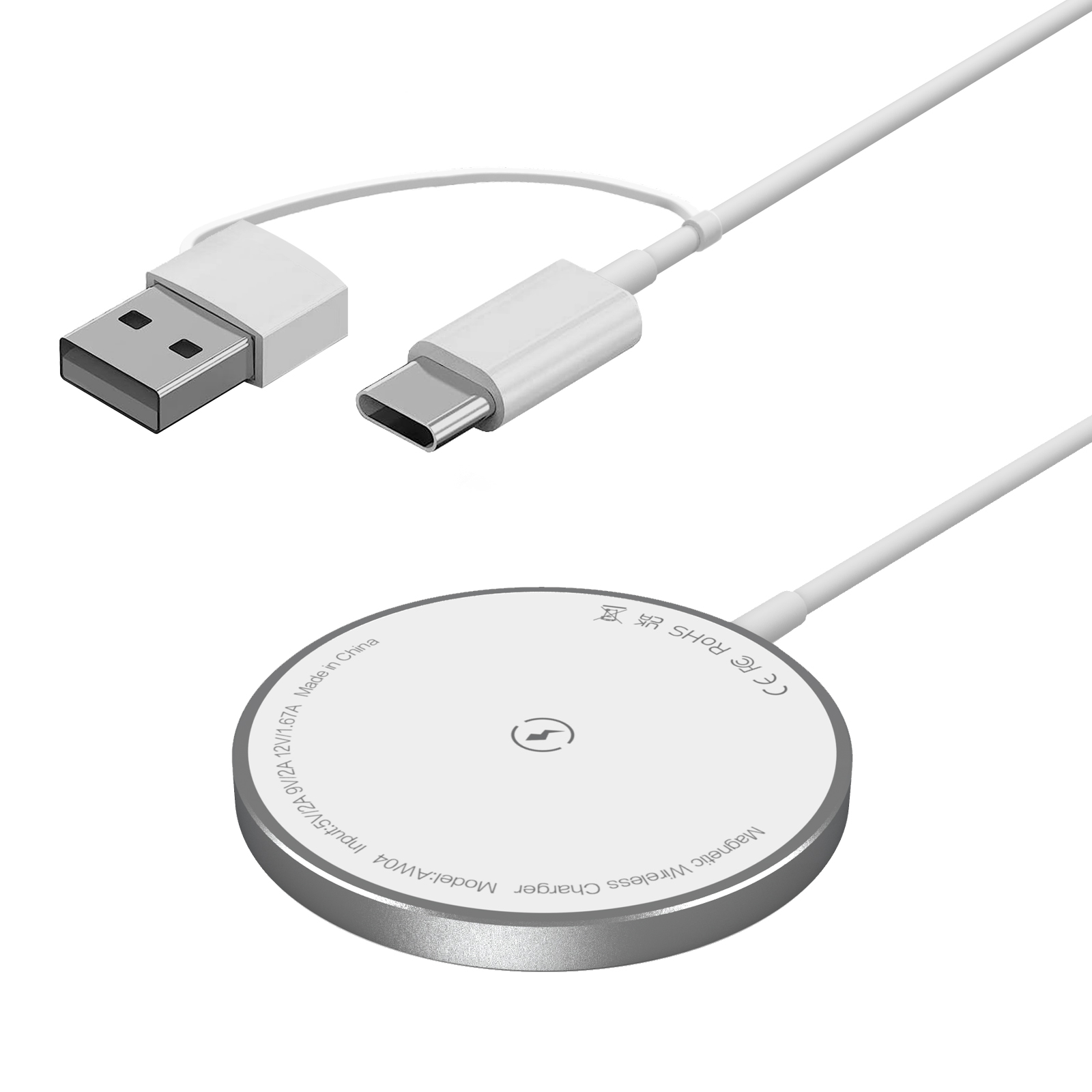 新产品磁性15W快速无线充电垫，带有铝合金基础和内置USB-A/USB-C输入充电电缆（MH-D42）