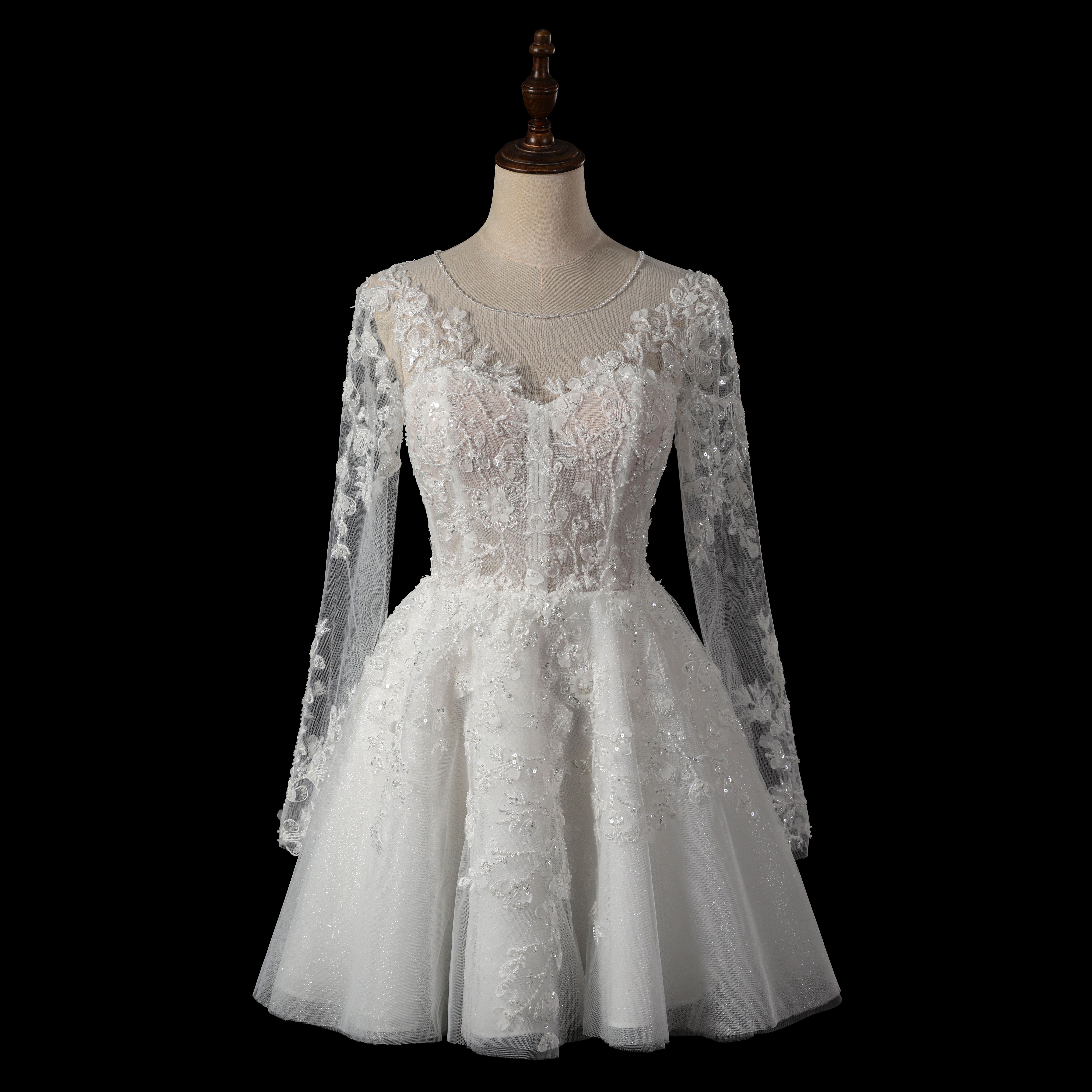 flower lace and  beads with long sleeves short wedding dress