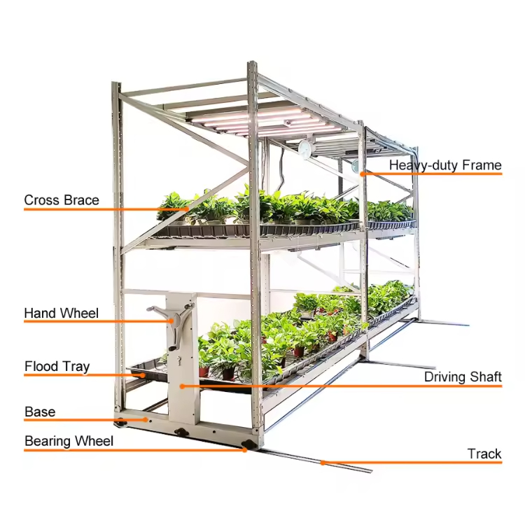 Factory Hydroponics Vertical Farming Plant Growing System Movable Multi Tiers Abs Flood Tray Rolling Bench Rack