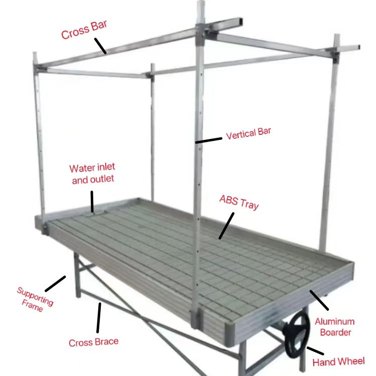 Aluminum Alloy Rolling Bench Greenhouse with Drain Valve Ebb and Flow Tray Agricultural Grow Benches