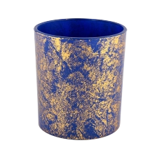 China Decorative golden printing dust with blue glass candle jars in bulk manufacturer