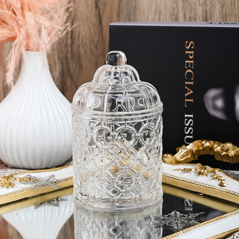 Unique Empty Embossed Glass Candle Vessel With Lids Wholesale