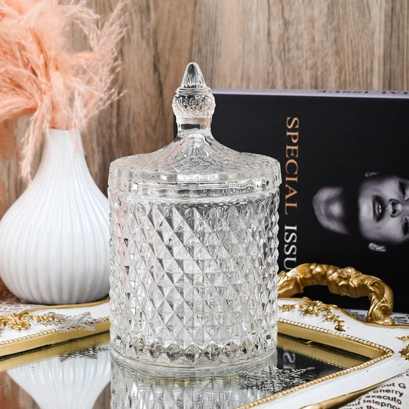 530ml GEO Embossed Glass Candle Jars With Lids Custom Color Glass Candle Vessels