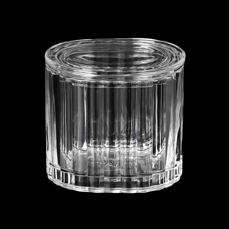 Wholesale Striped Flat Shape Glass Candle Jar with Glass Lid