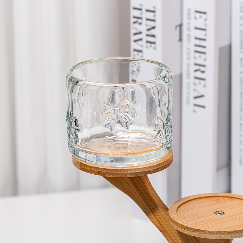 Round Belt Bow Design Glass Candle Jar with Home Decor