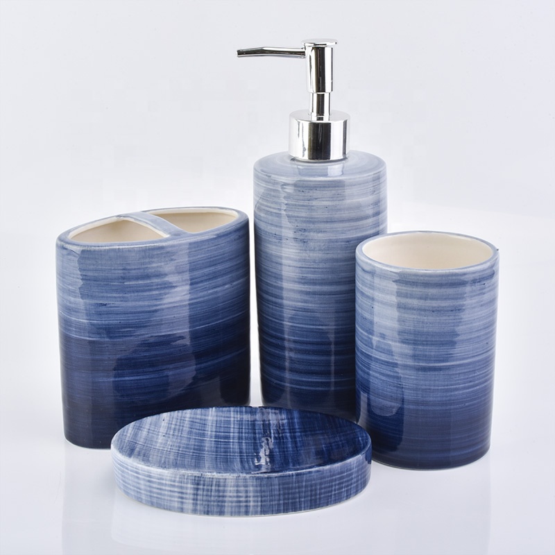 blue ceramic bathroom accessories tumbler soap dish toothbrush holder lotion dispenser
