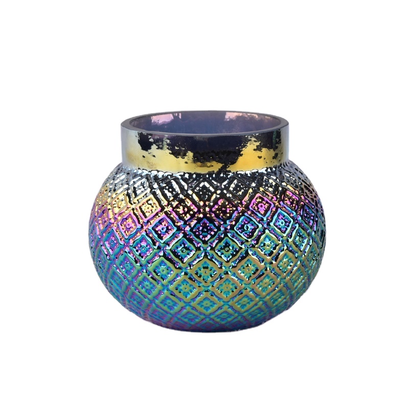 Fancy custom iridescent electroplating glass candle jar