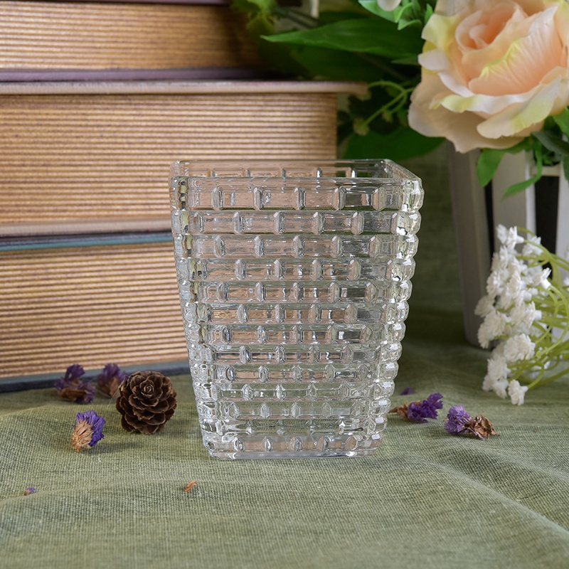 Clear square hand cut glass candle holder 350ml