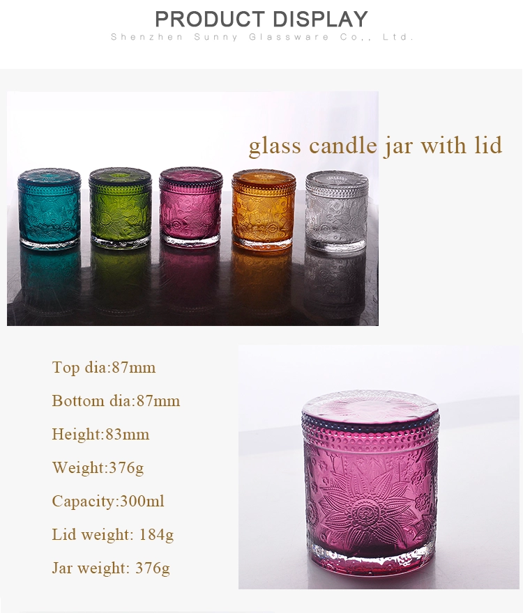 Customed GEO clear colored glass candle jar with lid