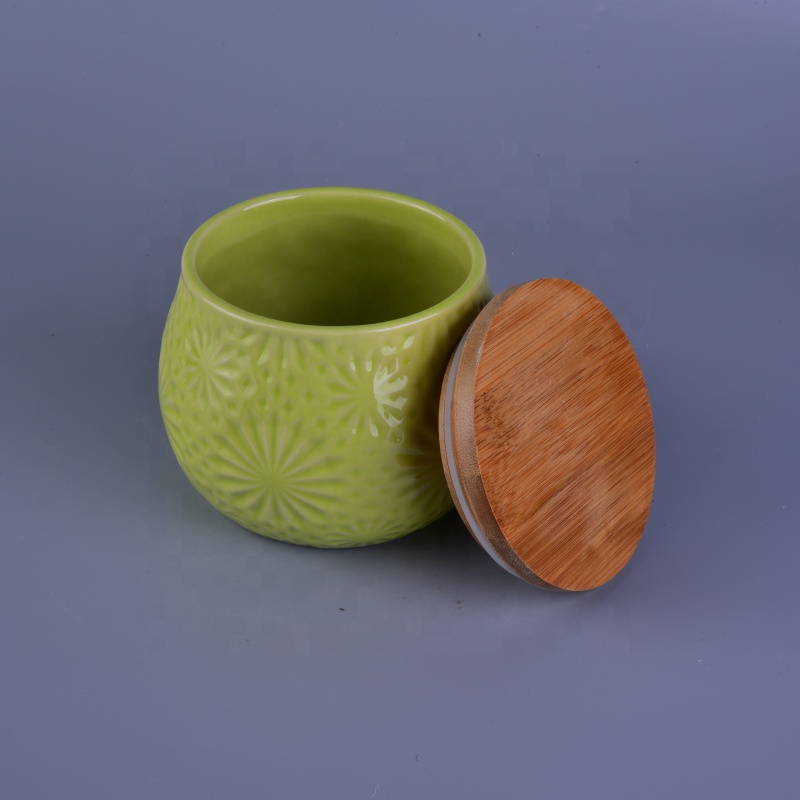 Wholesales flower tealight ceramic candle container with wood cover