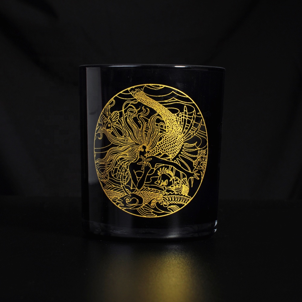 10oz Black Candle Glass Jar With Gold Decal printing
