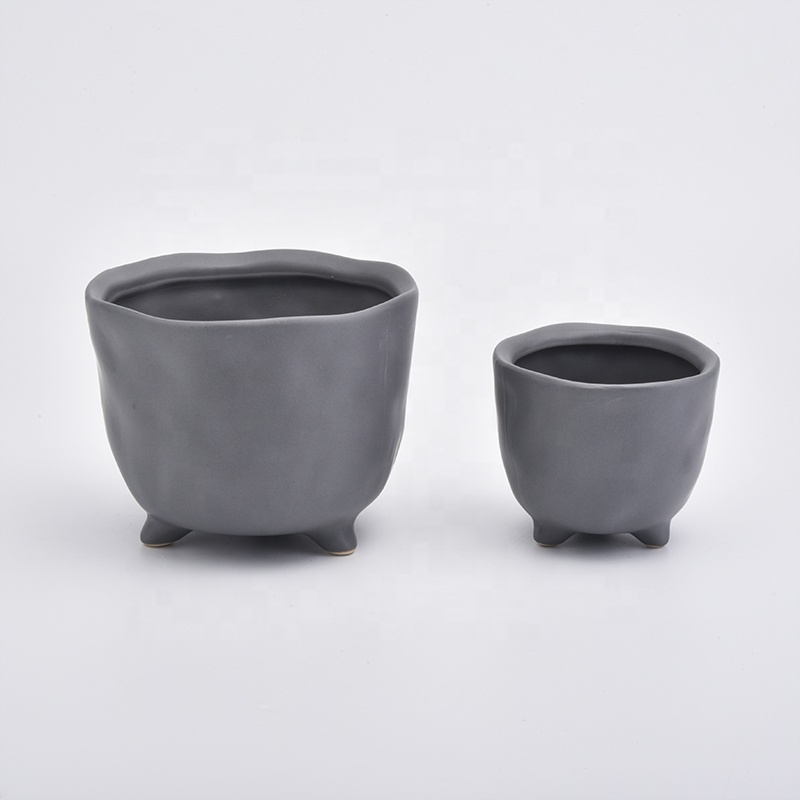 Decorative Round grey Ceramic Candle Jars With Foot
