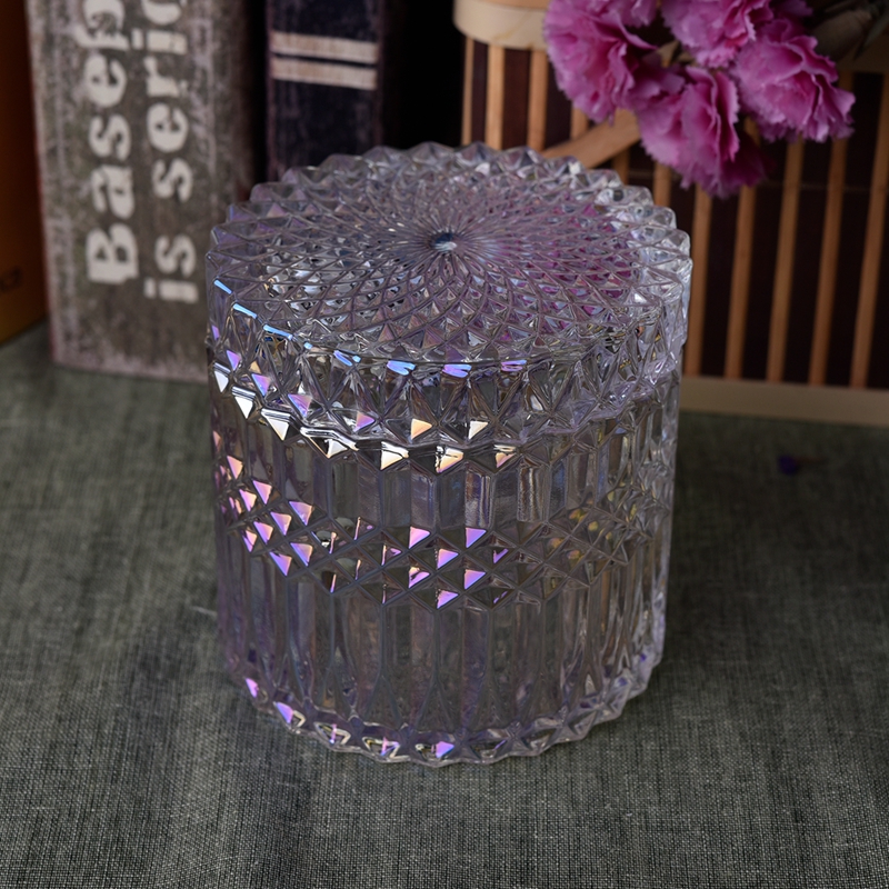 Luxury Iridescent glass candle jar with lid