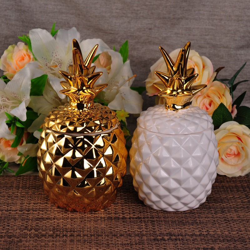new design wholesale ceramic pineapple candle holder jar with lid