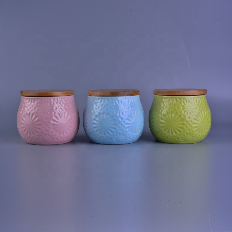 Wholesales flower tealight ceramic candle container with wood cover