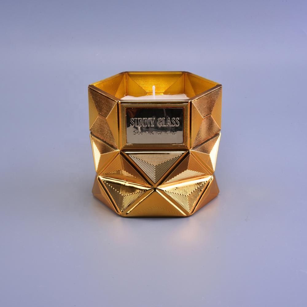 wholesale decorative party hexagonal gold cylinder glass candle jar