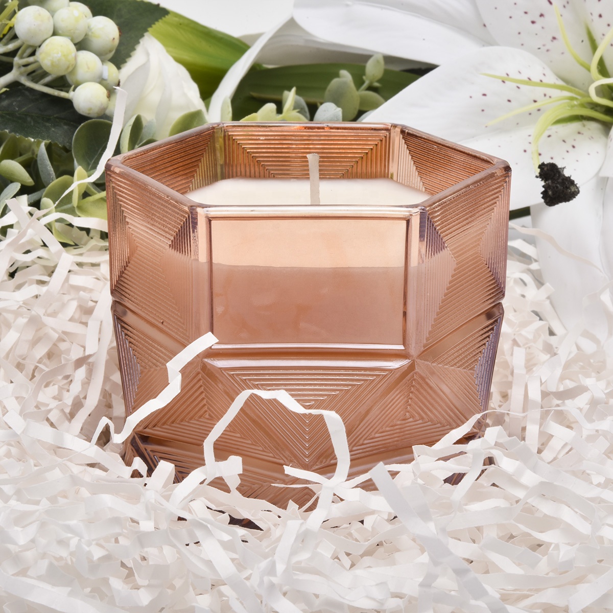 Luxury amber Hexagon decorative candle glass holder container