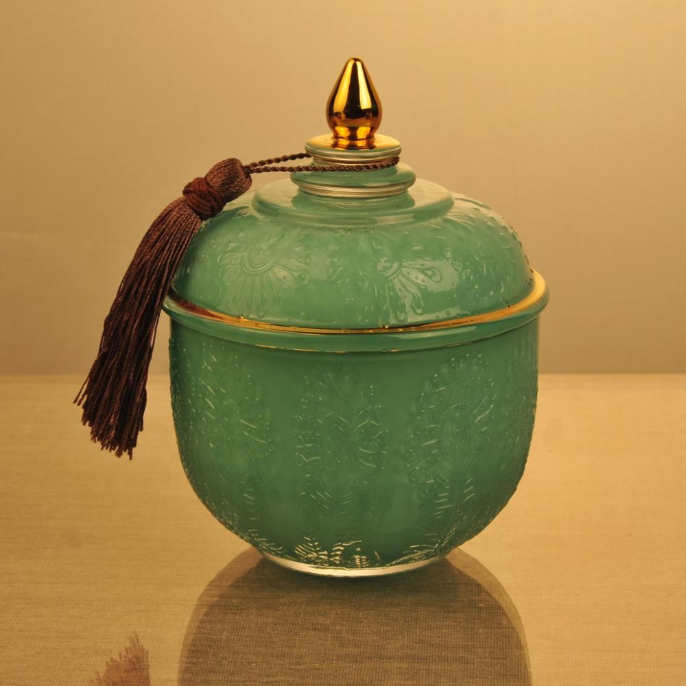 Sunny new design luxury tealight empty glass candle holder with tassel lid