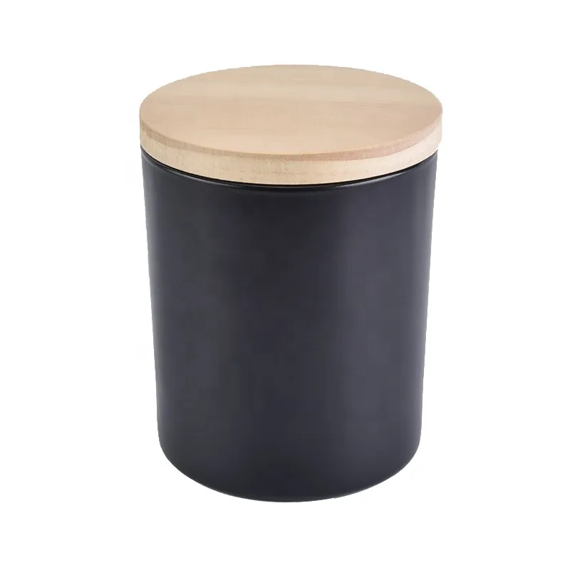 China Decorative Matte Black Candle Jar With Wood Lids manufacturer
