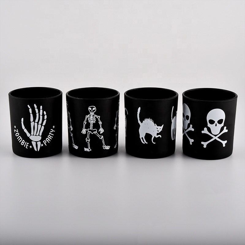 Matte Black Glass Cande Jar With White Pattern For Halloween for wholesale