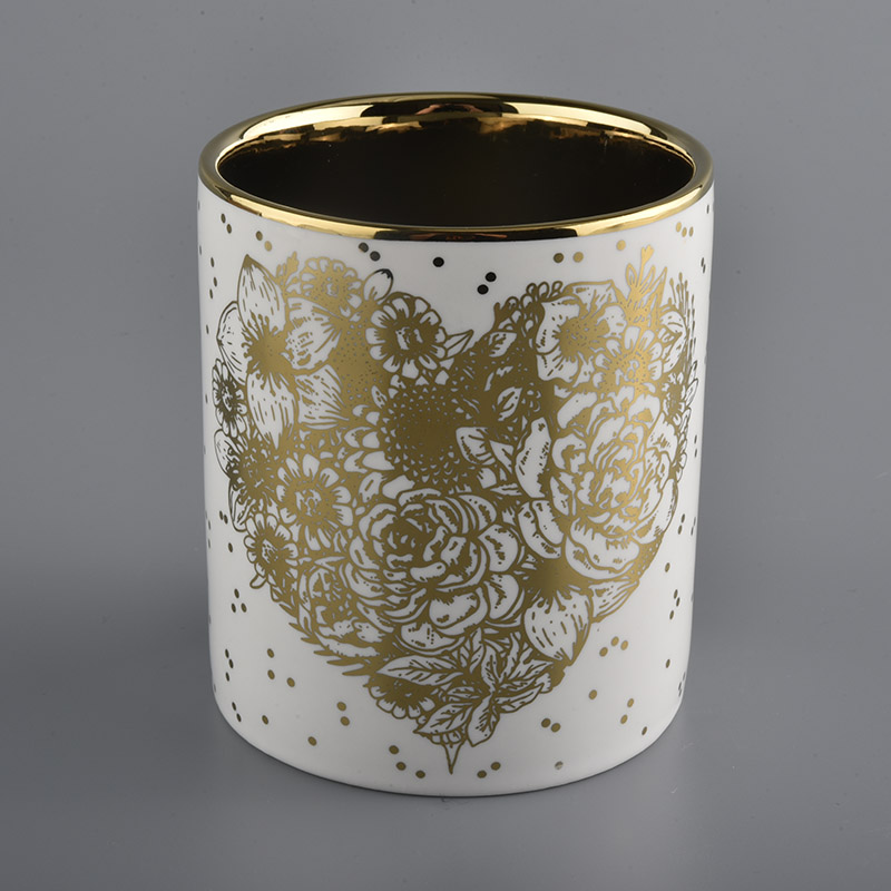 Luxury Gold Plating Candle Jars With White Glazed and Gold Decal