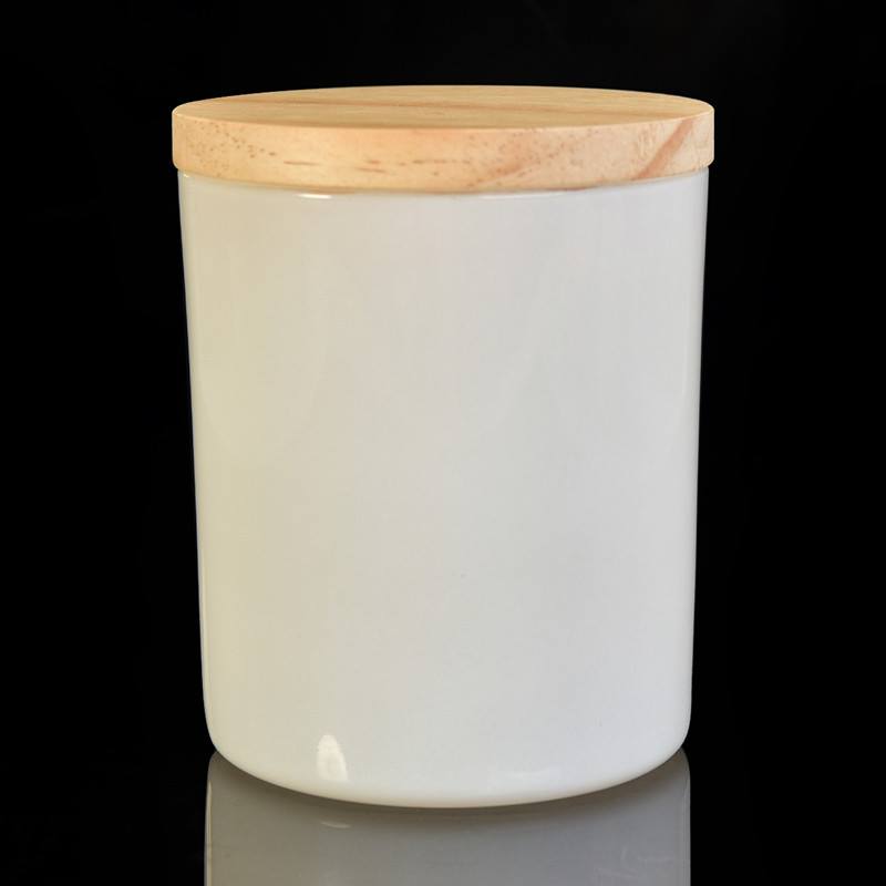 White glass candle jar with wooden lid