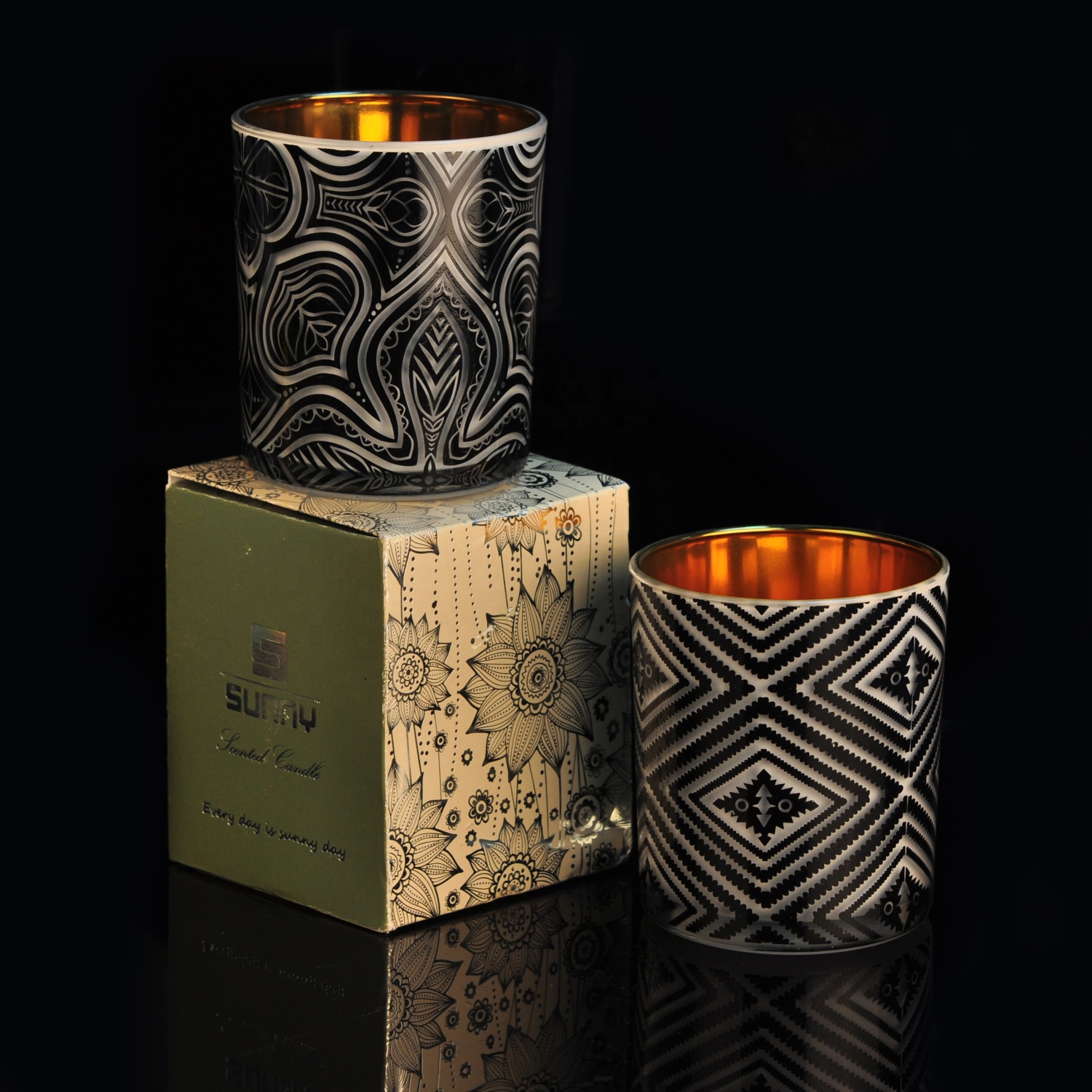 Suppliers tealight black luxury glass candle holders with custom packaging box