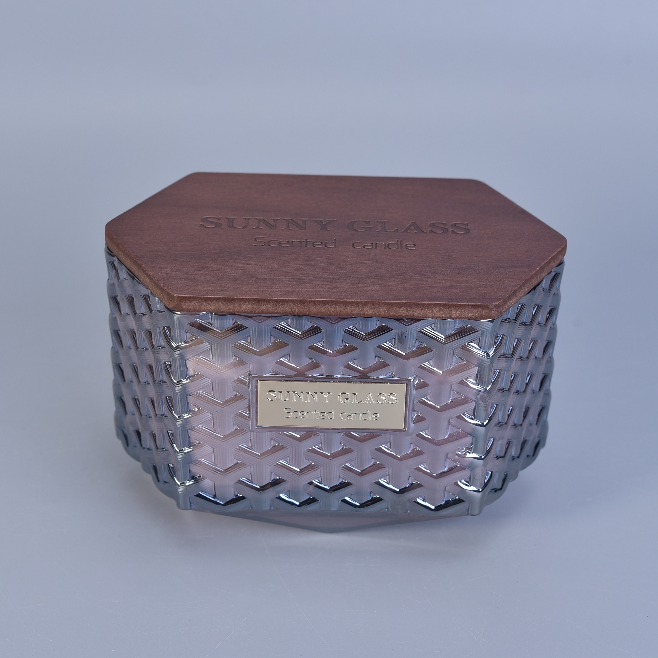 10oz 20oz Sunny Hexagon woven glass candle jars with wood lids