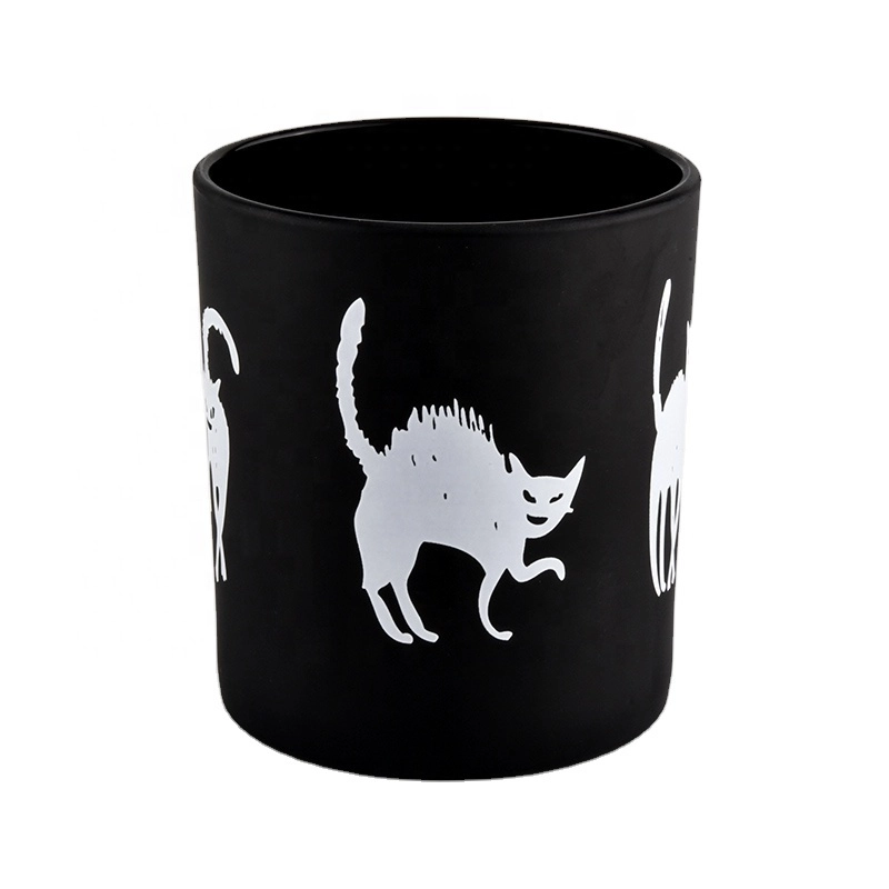 Matte Black Glass Cande Jar With White Pattern For Halloween